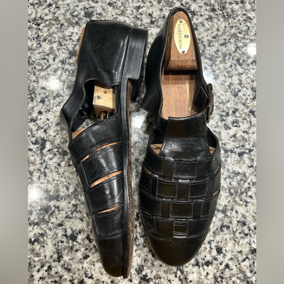 VTG Men’s Closed Toe Sandals Fisherman Gladiator Shoe Black Leather Made Italy - Picture 2 of 4